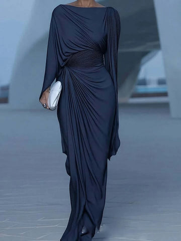 Fashion O-neck Irregular Draped Maxi Dress Women Sexy Split Bat Sleeves Solid Long Dress Elegant Temperament Slim Gowns Dresses