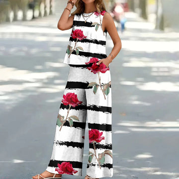 Fashion New Women's Black And White Striped Pattern Rose Print Sleeveless Undershirt Pants Suit Leisure Bohemian Two-piece Suit