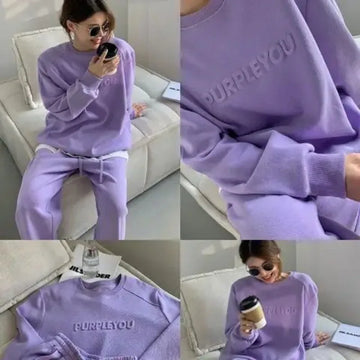 Women's Purple Sports Suit Spring And Autumn 2025 New Casual Fashion Style Loose Long Sleeve Sweater Tops Pants 2 Two Piece Set