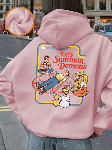 Let'S Summon Demons Printed Hoodie Womens Winter Fleece Warm Sweatshirts Basics Pocket Pullovers Casual Loose Womans Clothes