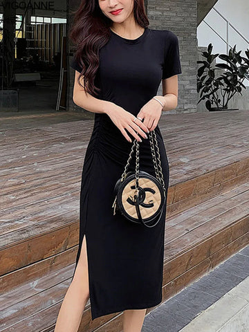 VigoAnne 2025 Woman Short Sleeve Black Bodycon Dress Female Summer Korean Sexy O Neck Slit Dresses Lady Solid Tight Long Dress