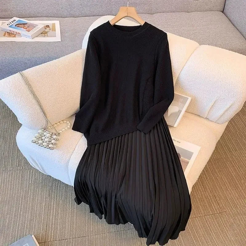 Irregular Splicing Knitted Midi Dress Women's Autumn Winter plus Size Design Sense Faux Two-Piece Gored Sweater Dress