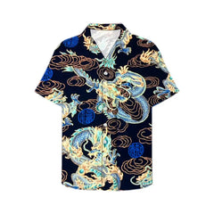 Men's Summer Fashion Dragon Print Short Sleeve Button Down Shirt S-3XL Plus Size Chinese Dragon Style Streetwear Overshirt Tops