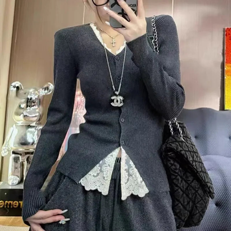 Knitted Sweater Women Cardigans New Long Sleeve V-Neck Slim Lace Knit Sweater Cardigan Women Tops Knitwears Women Clothing Q1404