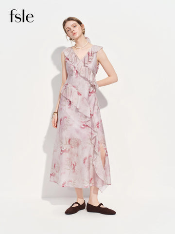 FSLE 2026 Spring Women's Floral Print Flounce Hem A-Line Maxi Dress - Elegant Waist-Defining Long Dress Flowy Skirt for Casual