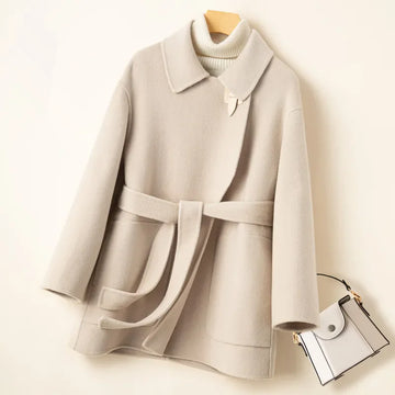 Autumn Winter New Double-Sided Cashmere Coat Women Fashion Doll Collar Leather Buckle Loose Lace-uUp Woolen Jacket Female T1494