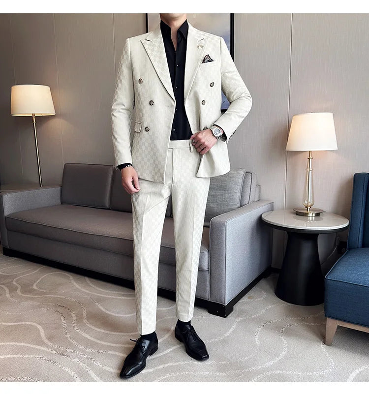 (Jacket+Pants) 2 Pieces Blue Apricot Business Party Men Suits Double Breasted Formal Style Custom Made Wedding Groom Tuxedos