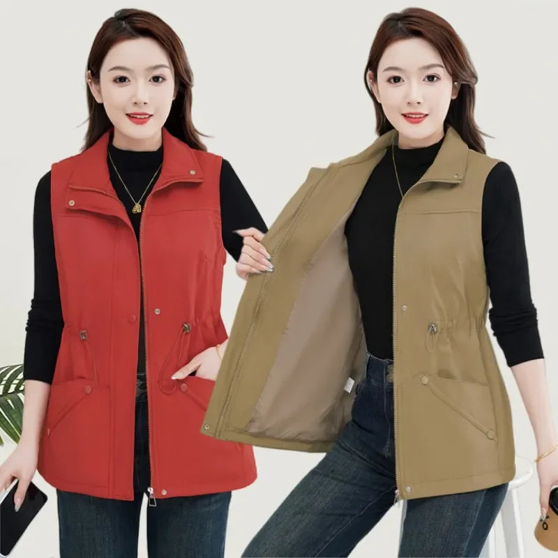 Women Vest Spring Autumn 2025 New Fashion Stand-Up Collar Mid-Length Sleeveless Jjacket Female Loose Waistcoat Outerwear T1269