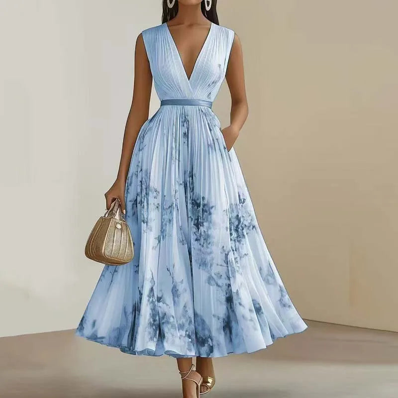 Women V Neck Sleeveless Party Draped Maxi Dresses Vintage  Elegant Office Floral A-line Dress For Women Lady Chic Evening Gown