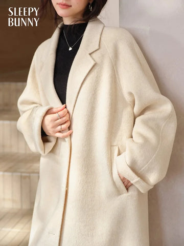 Elegant H-Line Wool Long Overcoat for Women Lady Loose Fit Notched Lapel Coat Chic Winter Office Casual Double Layer Outerwear