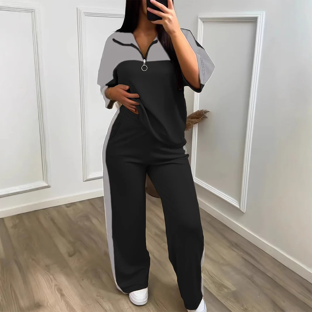 Flip collar color blocked casual suit for women, half zipper five quarter sleeve top, polo shirt, wide leg pants, two-piece set