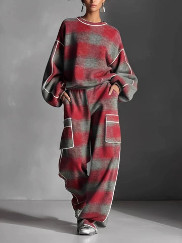 Retro Contrast Plaid Print Sportswear Set Woman Casual O Neck Top Sweatshirt+Wide Leg Pants Outfit Spring Long Sleeve 2pcs Suits