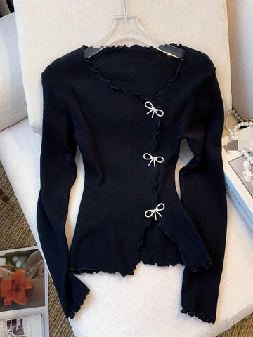 Black/White Solid Lettuce Trim Bowknot Pullover Sweater Y2K Casual Long Sleeve Sweater For Spring & Fall Women's Clothing