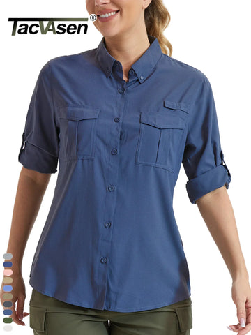 TACVASEN Quick Dry Hiking Fishing Blouse Womens Long Sleeve Button Down Outdoor Camping Shirts Breathable Sun Protection Tops