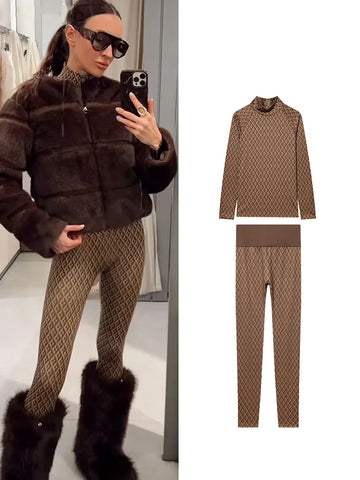 TFMLN Winter Warm Two Piece Set For Women Fashion Retro Turtleneck Long Sleeve Print Top Slim Fit Pants Casual Simple Lady Suit