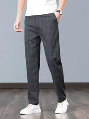 Summer Thin Plaid Formal Stretch Pants Men Slim Business Grey Black Casual Pant Fashion Male Clothing England Trousers