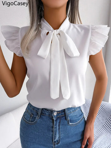 VigoCasey 2025 Female Elegant Tied Bow Chiffon Shirt Women Solid Ruffle Sleeveless Top Summer Office Lady Pullover Tops Clothes