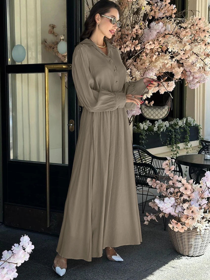 Oymimi Fashion Khaki 2 Pieces Set For Woman Casual Lapel Long Sleeve Single Breasted Shirts + Drawstring Ankle-Length Skirts Set