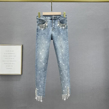 Slim Stretch Jeans Women Spring High Waist Denim Pants Diamond Decoration Fashion Tassels Washed Nine Points Pants Female T961