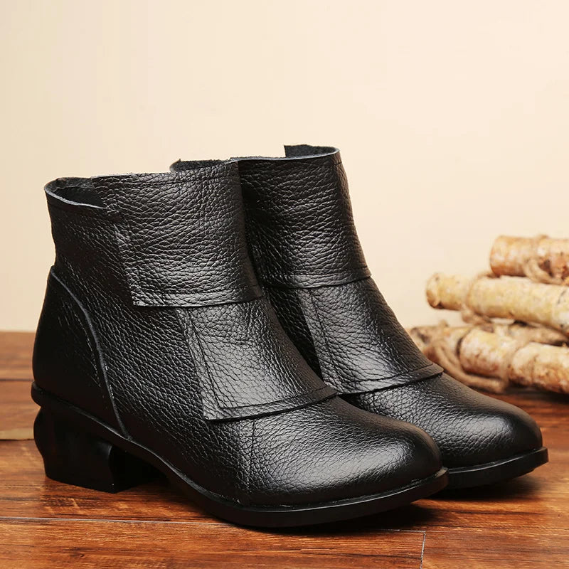Retro waterproof ankle boots women's genuine leather blue square heels shoes ladies vintage comfortable boots luxury heeled shoe