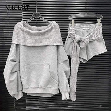 KUCLUT 2025 Autumn Fashion Sweatshirt Set For Women Niche Off-Shoulder Hooded Top Bandage Design Elastic Waist Shorts 1A1116