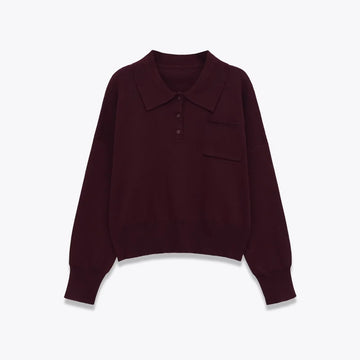 2025 Autumn New Women's Casual Fashion Simple and Loose Versatile Pocket Decorative Hoodie POLO Knitted Top
