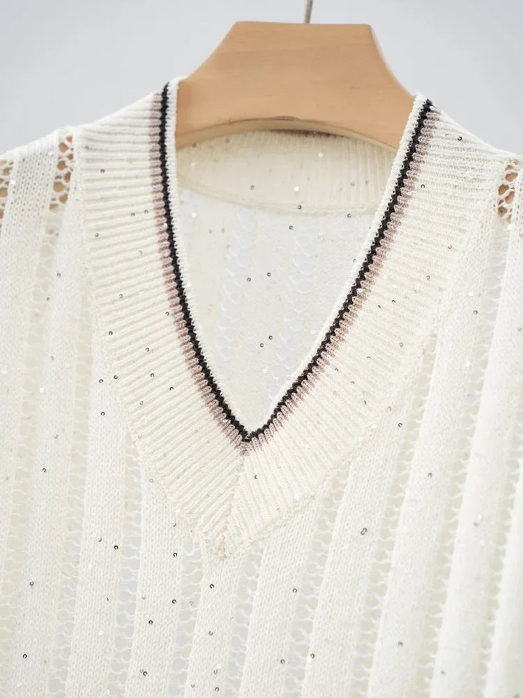 Spring new contrasting color hook loop V-neck women's top long sleeved linen knitted hollow sweater pullover elegant fashion