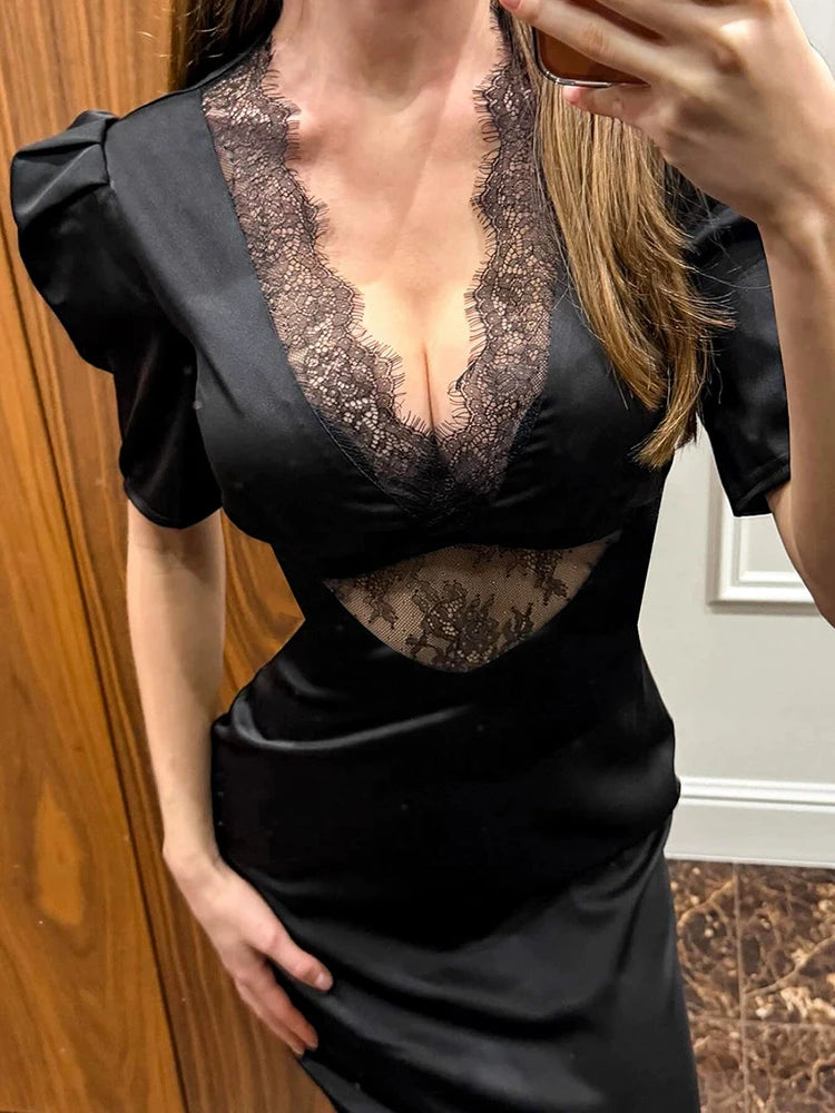 JULISSA MO Patchwork Sheer Lace Sexy Deep V-neck Women Maxi Dress Puff Sleeve Evening Dress Spring Slim Elegant Club Party Dress
