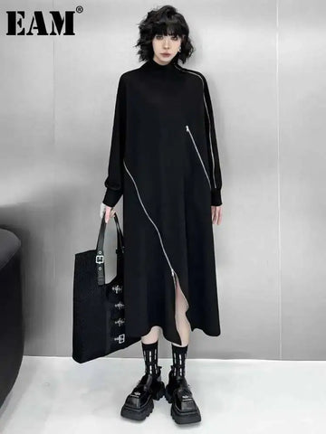 EAM Women Black Irregular Zipper Big Size Midi Dress New Turtleneck Long Sleeve Fashion Tide Spring Autumn 2026 1DJ2537