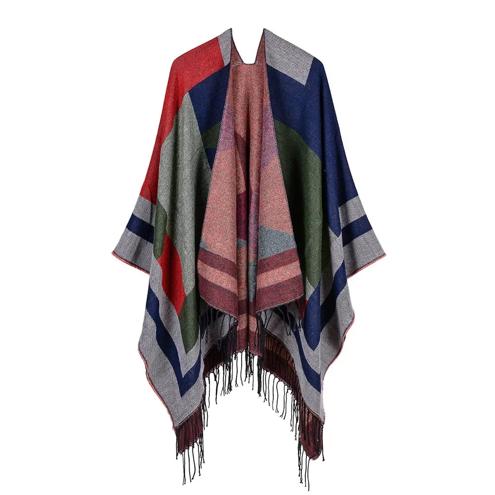 Women's  Tassel Imitate Cashmere Shawl  Autumn Winter Can Be Thickened Wear on Both Sides Lady Ponchos Capes Coffee
