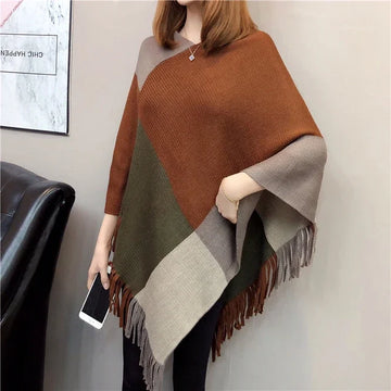 Pull Femme Autumn Winter Women Tassel Knitted Sweater Poncho  Striped V Neck Irregular Hem Casual Loose Pullover Coffee P6