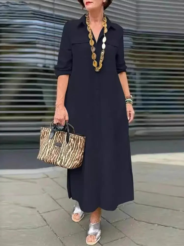 Autumn Women's New Elegant Solid Color Long Sleeved Fashionable Button Up Tie Pocket Plus Loose Casual Comfortable Dress