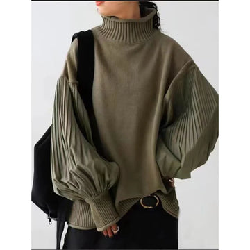 2025 Winter Women Stylish Sweater Turtleneck  Patchwork Casual Loose Pullover Lantern Sleeve Ladies' Sweater