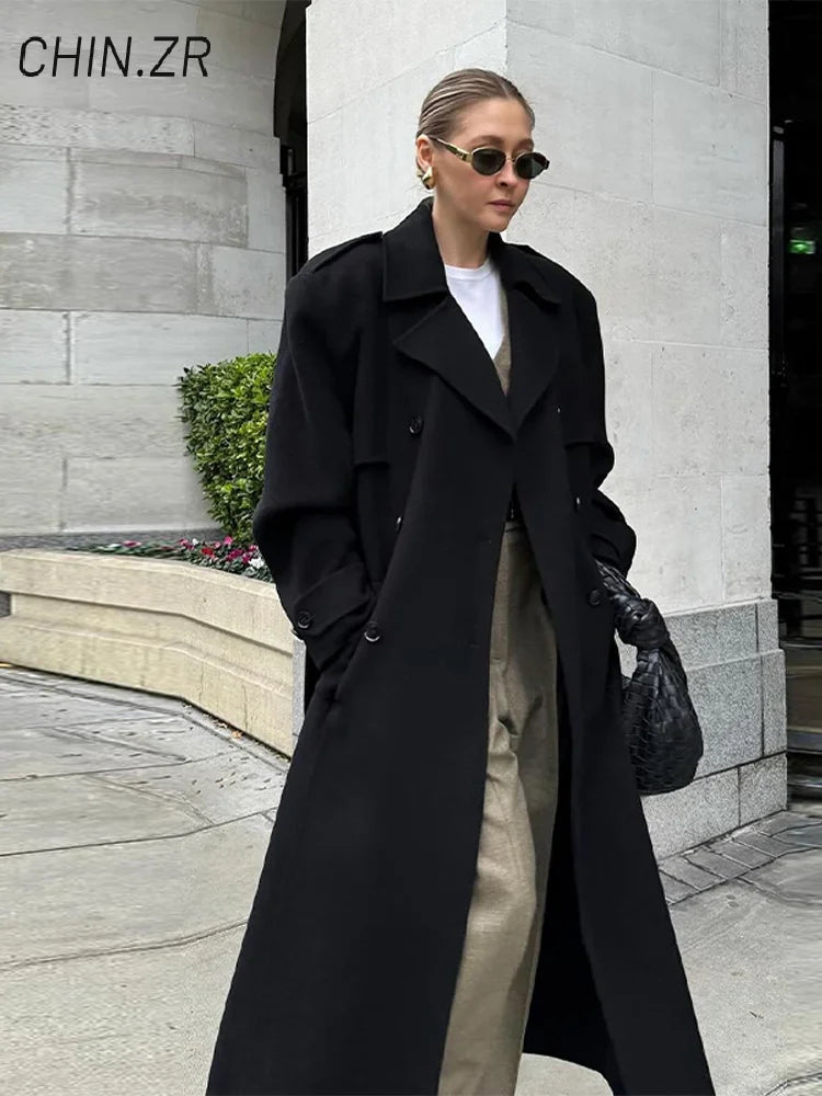 Elegant Women's Long Woolen Coats Loose Lapel Double Breasted Pocket Female Overcoats 2025 Autumn Winter Lady Warm Outwear