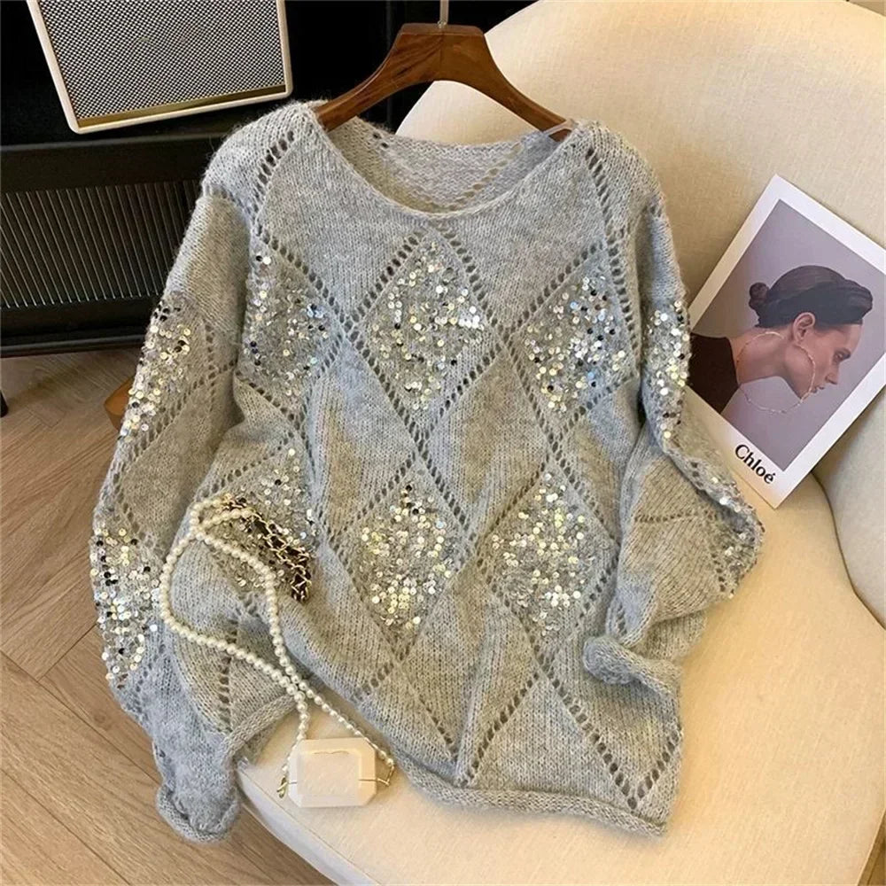 Sequined Knitted Hollow Out Pullover Female Casual Knitted All Match Thin Sweater Oversized Pullovers Tops Women Clothing