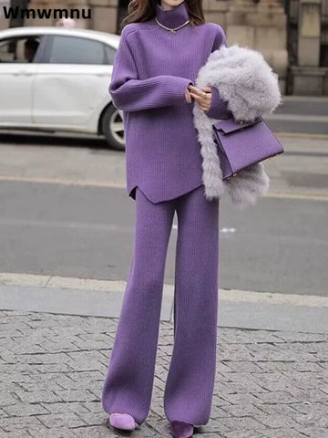 Baggy Fashion Stand Collar Knitted Two Piece Set Women's Casual Korean Conjuntos Straight Wide Leg Knitwear Pants Ensembles