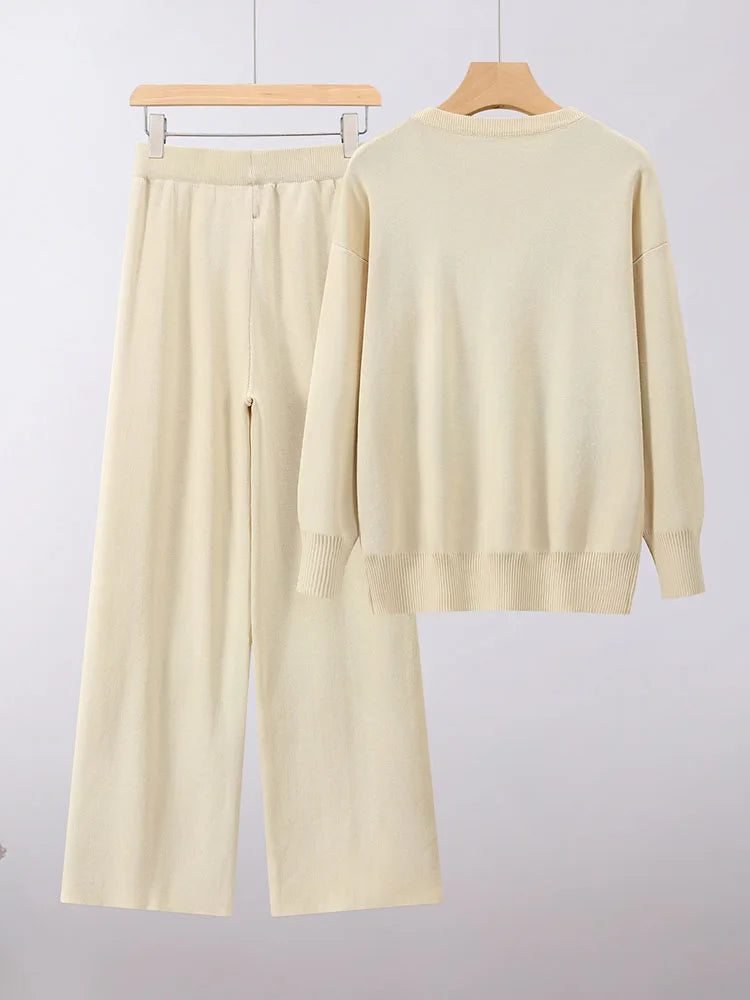 Korean Design New Knitted 2 Piece Sets Women O-neck Loose Sweater Pullover Conjuntos Casual High Waist Straight Pants Outfit New