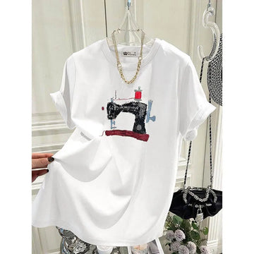 Women Clothing Fashion Vintage Sewing Machine Printing T-shirt Summer Pure Cotton O-neck Short Sleeve Basic Tops Loose Pullovers