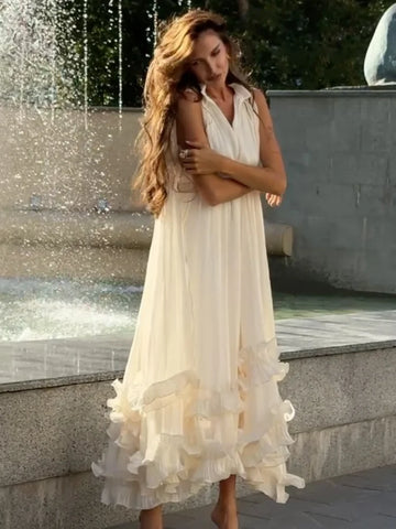 Ruffle Solid Maxi Dress Women Fashion Lapel V-neck Sleeveless Pleated High Waist Dresses 2025 Summer Lady Chic Vacation Robes