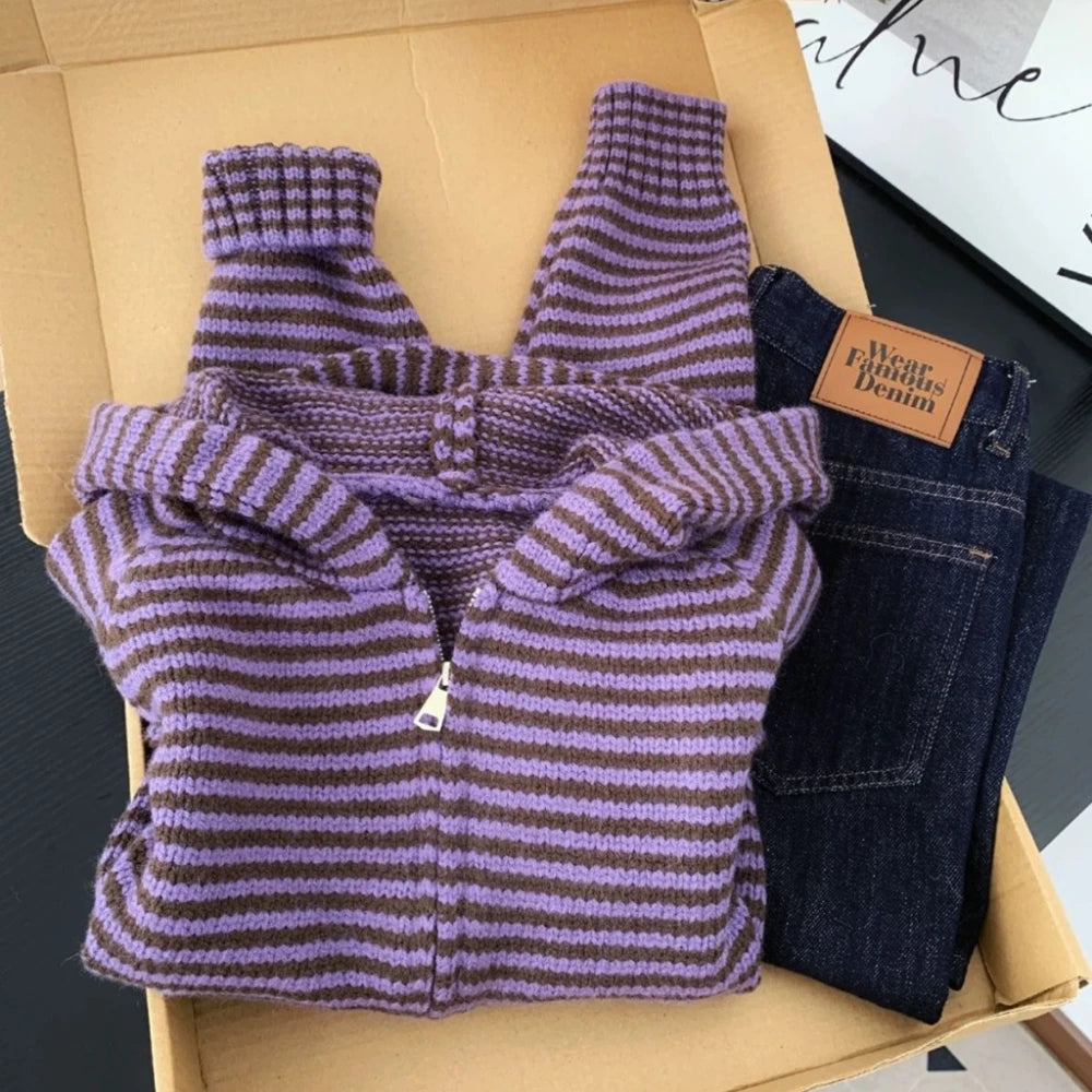 Japanese Y2K Harajuku Hot Girl Retro Contrast Striped Knitted hoodie Autumn/Winter Women Loose Casual Zipper Sweater emo