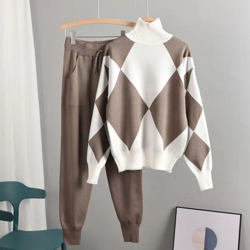 2025 New Splicing Knitted Set Autumn/Winter Women's Fashion Loose Long Sleeve Sweater Top+Knitt Haren Pants Two Piece Sets
