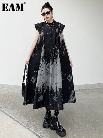 EAM Women Black Pattern Printed Big Size Midi Shirt Dress New Stand Collar Sleeveless Fashion Tide Spring Summer 2026 1DH5837