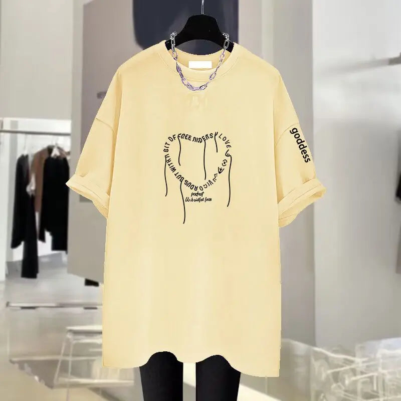 Summer Chic Letter Print Basic T-shirts Women Fashion Casual O-neck Short Sleeve Tees Office Lady Chic Loose Love Tops 45-105Kg