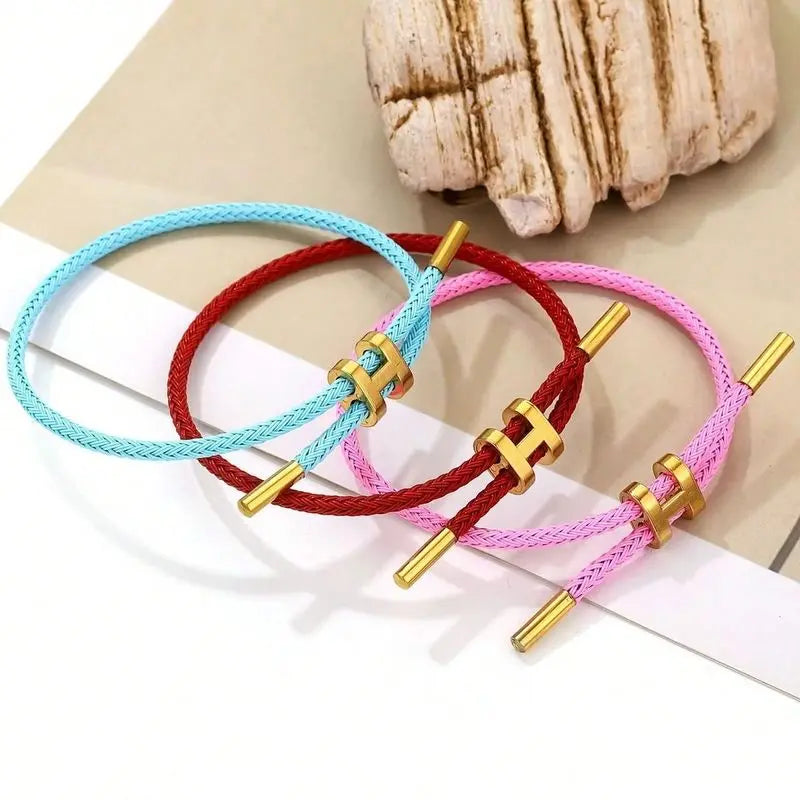 G&D Stainless Steel Gold-Plated Simple H-Shape Adjustable Hard Rope Bracelet Suitable For Gift Daily Wear Women and Men