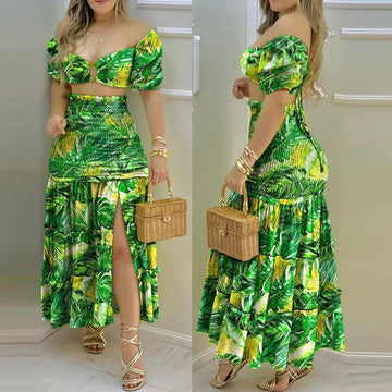 Women's Fashion New Summer Fashion Holiday Floral O Neck Top Elastic + Split High Waist Women's Ultra Short Skirt Set