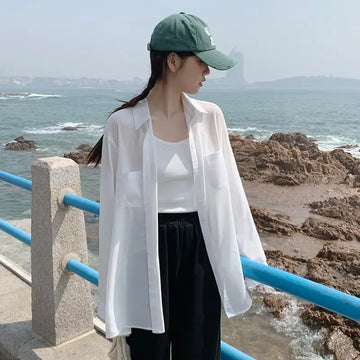 White Chiffon Sun Protection Clothes Women 2025 New Summer Fashion Long Sleeve Loose Shirt Design Thin Shirt Jacket Female T1054