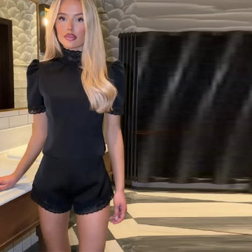 Women's Satin Lace Edge Top Short Sets High Neck Padded Shoulder Blouse Low Waist Shorts 2026 New Lady Spring Summer Outfits