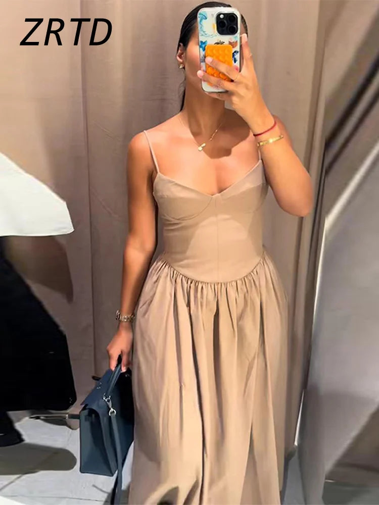 Sexy Sling Long Dress Women Pleat V-neck Backless Sleeveless A-line Female Holiday Dresses 2025 Summer Lady Solid Casual Robes