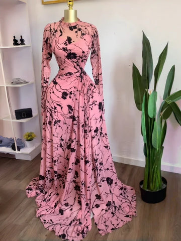 GLCMYAYA Women Long Sleeve Floral O-neck High Split Big Swing A-line Maxi Dress 2026 Birthday Vacation Trendy Dresses Vestidos
