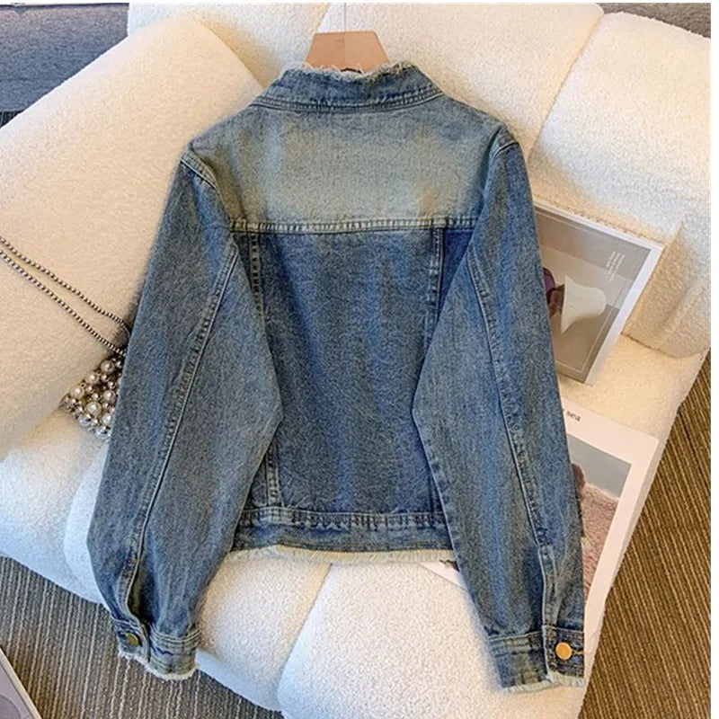 Vintage Denim Jacket Women Spring Fall Loose Single-Breasted Burlap V-Neck Pocket Outwear High Street Fashion Casual Female Top